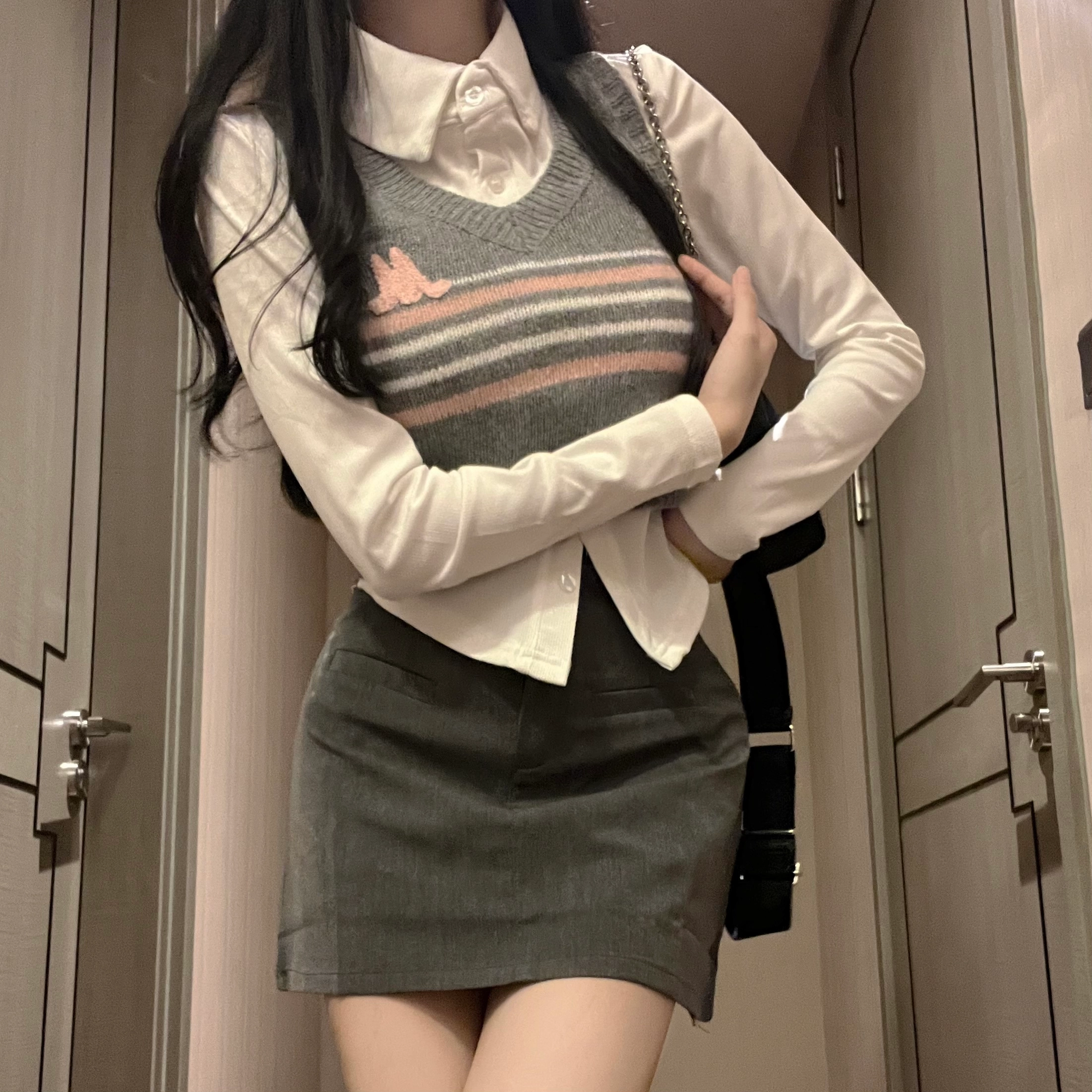 花山家的猫 学院风条纹针织毛衣衬衫包臀裙制服 女款 三件套