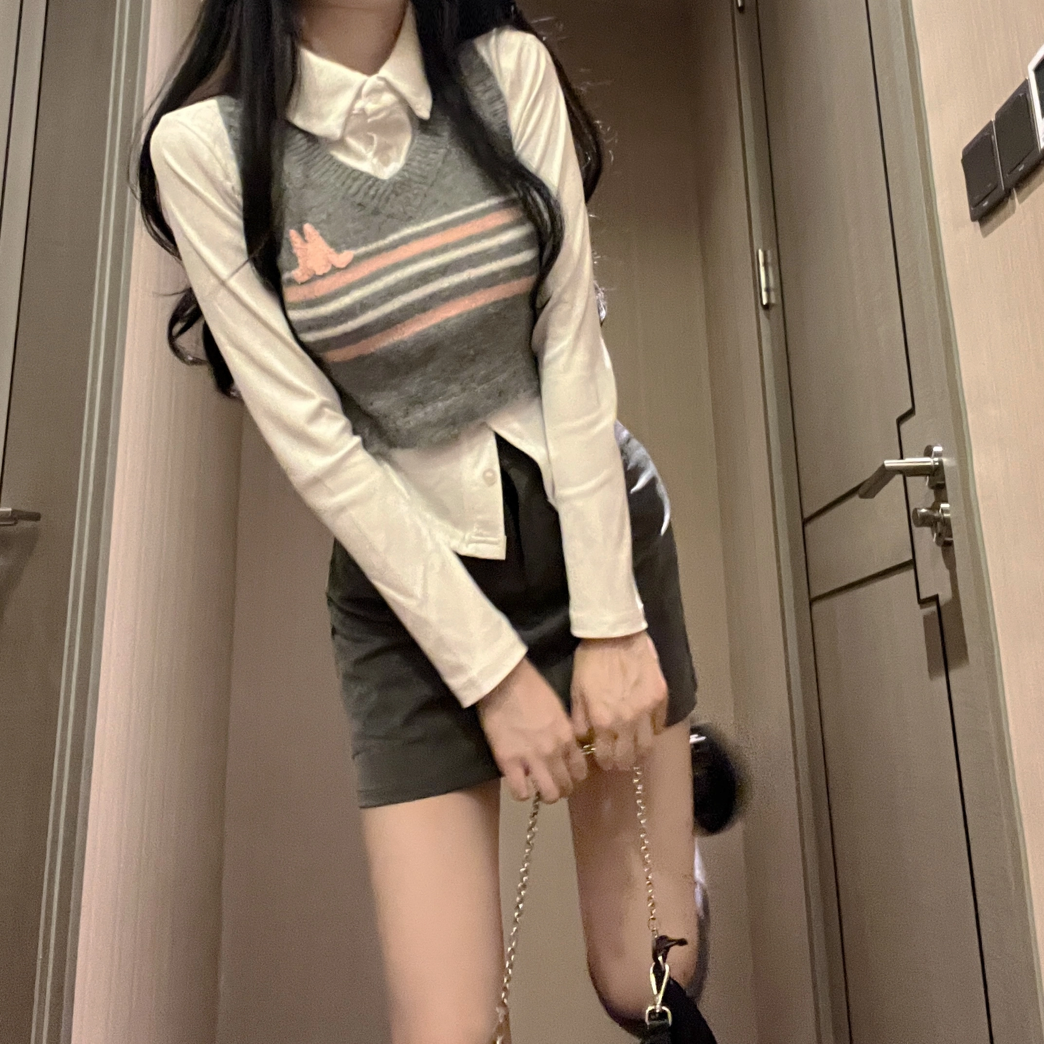 花山家的猫 学院风条纹针织毛衣衬衫包臀裙制服 女款 三件套