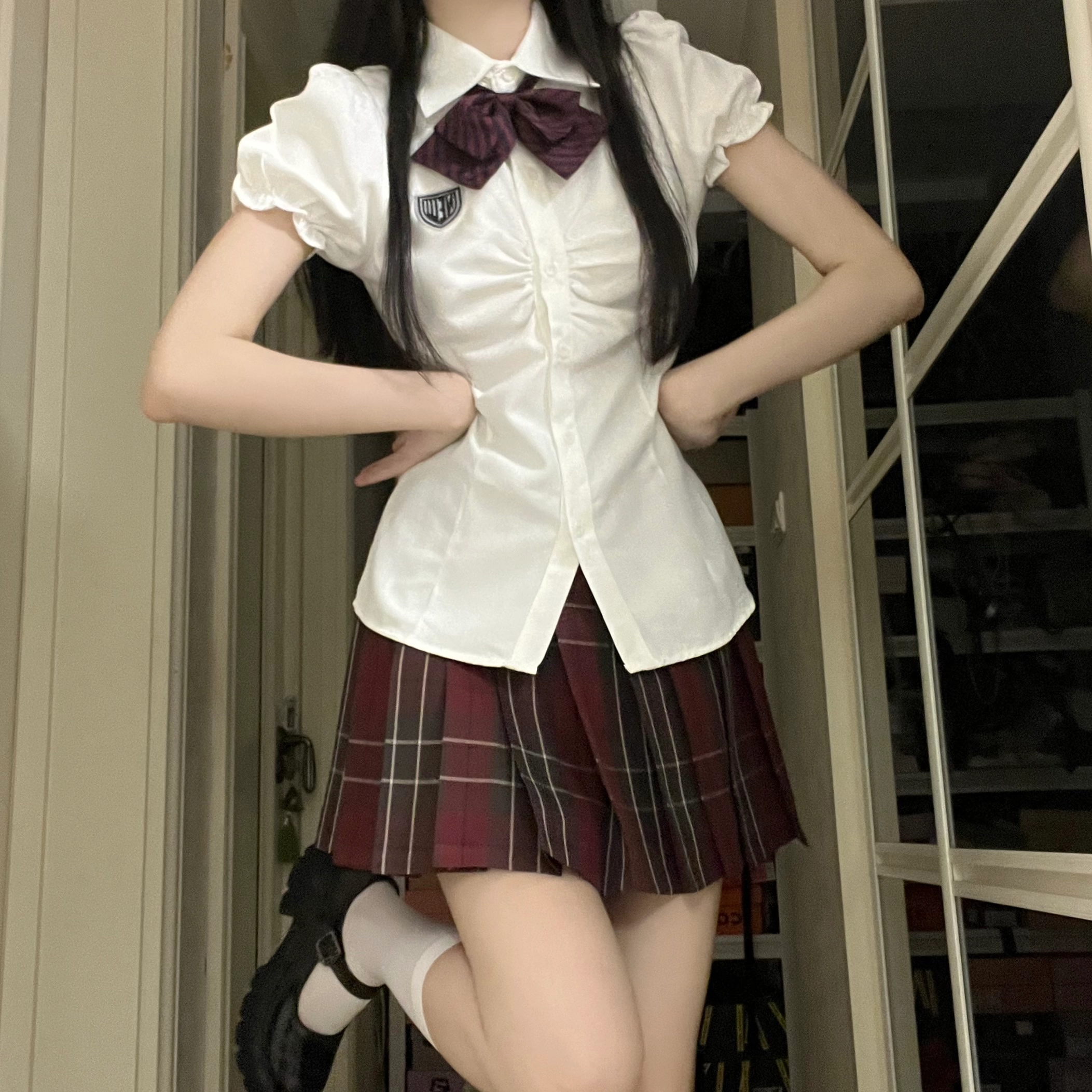 花山家的猫 学院风毕业装尖领泡泡袖收腰短袖衬衫百褶裙带领结制服 女款
