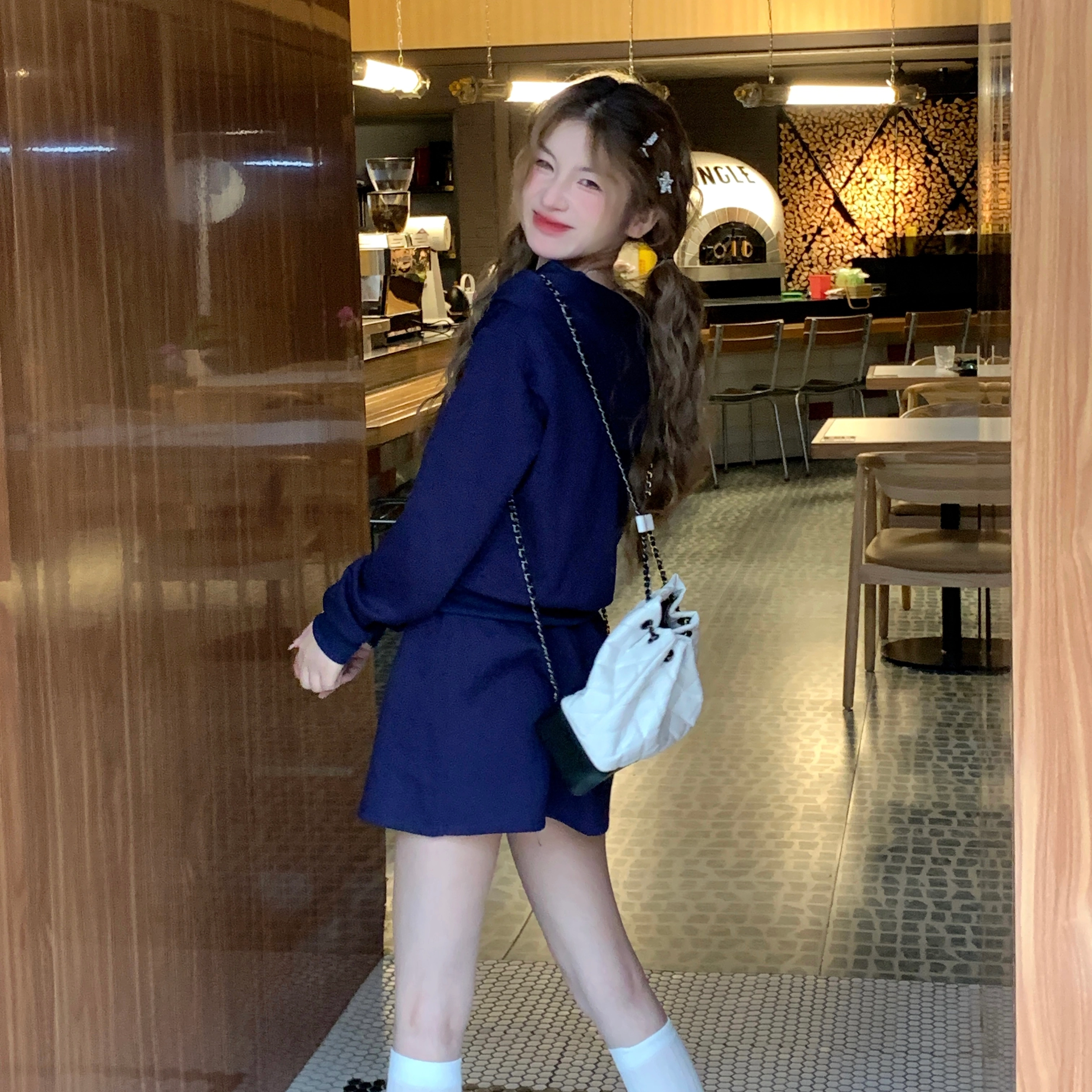 花山家的猫 美式卫衣休闲半身裙制服 女款 藏青色
