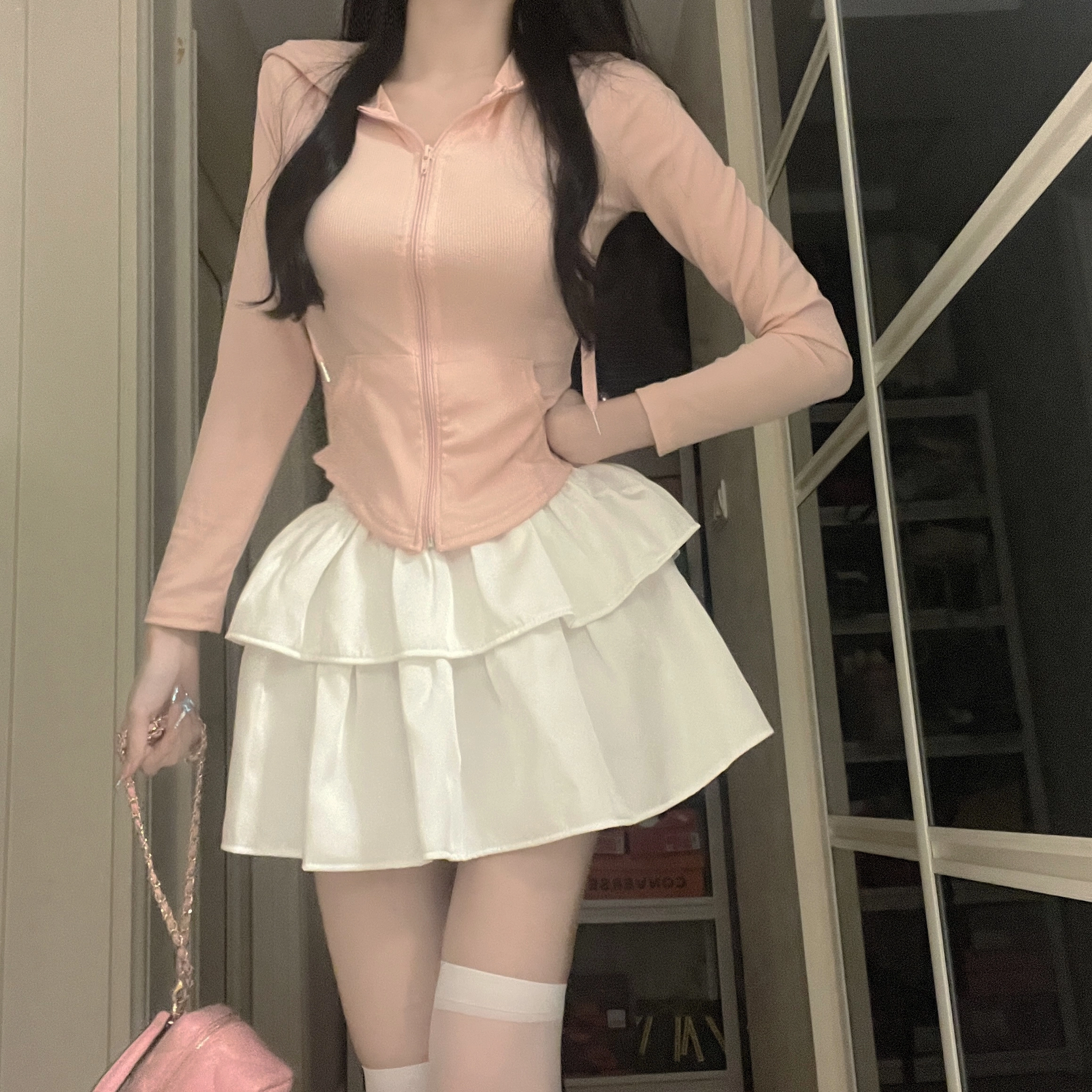 花山家的猫 纯色长袖连帽上衣高腰荷叶裙制服套装 女款