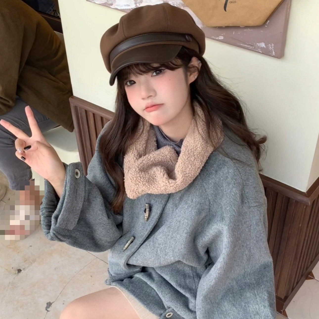 花山家的猫 拼色翻领牛角扣插肩袖加厚保暖夹克 女款 咖啡领灰色