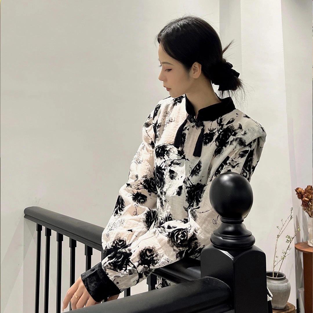花山家的猫 花卉印花宽松立领长袖衬衫 女款 白色