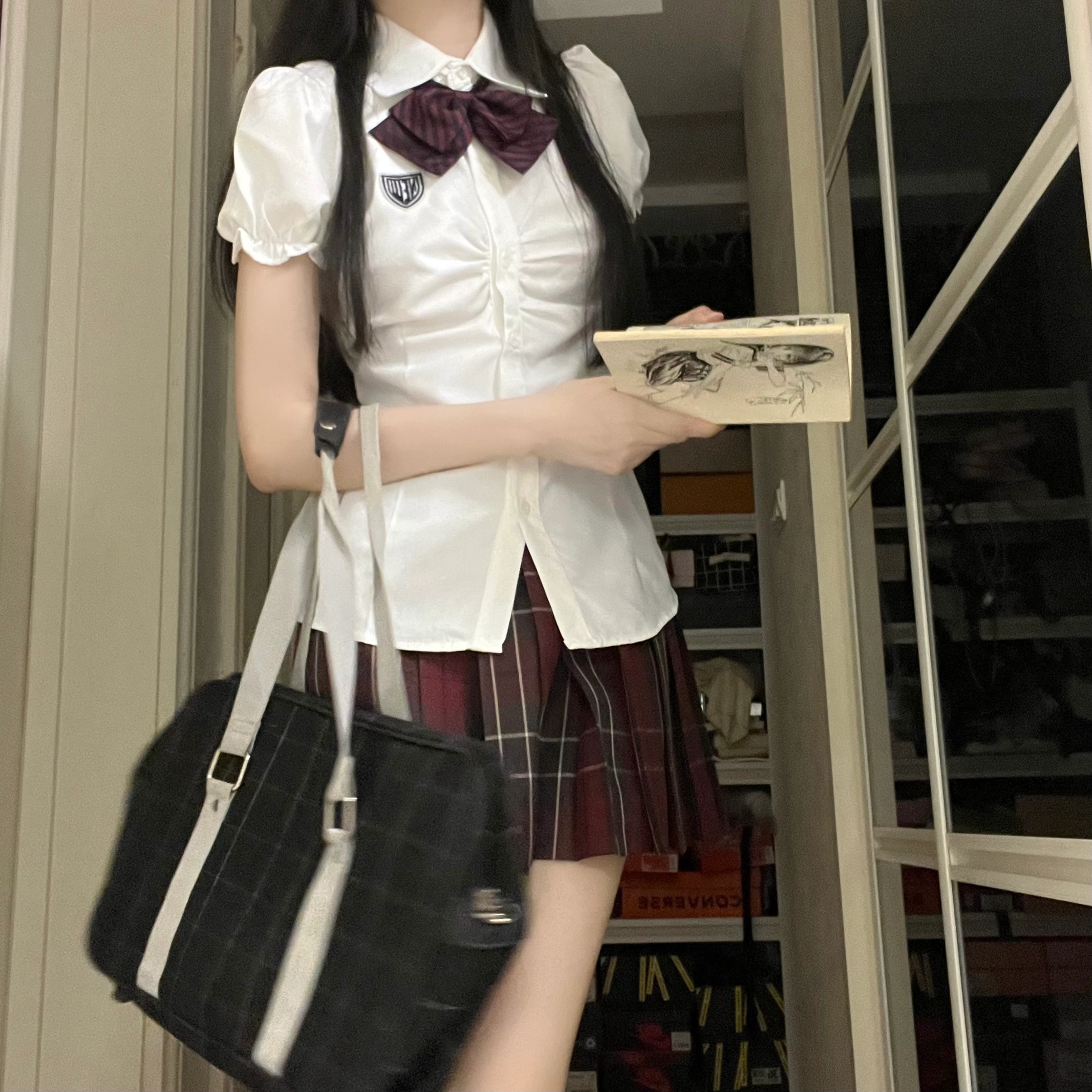 花山家的猫 学院风毕业装尖领泡泡袖收腰短袖衬衫百褶裙带领结制服 女款