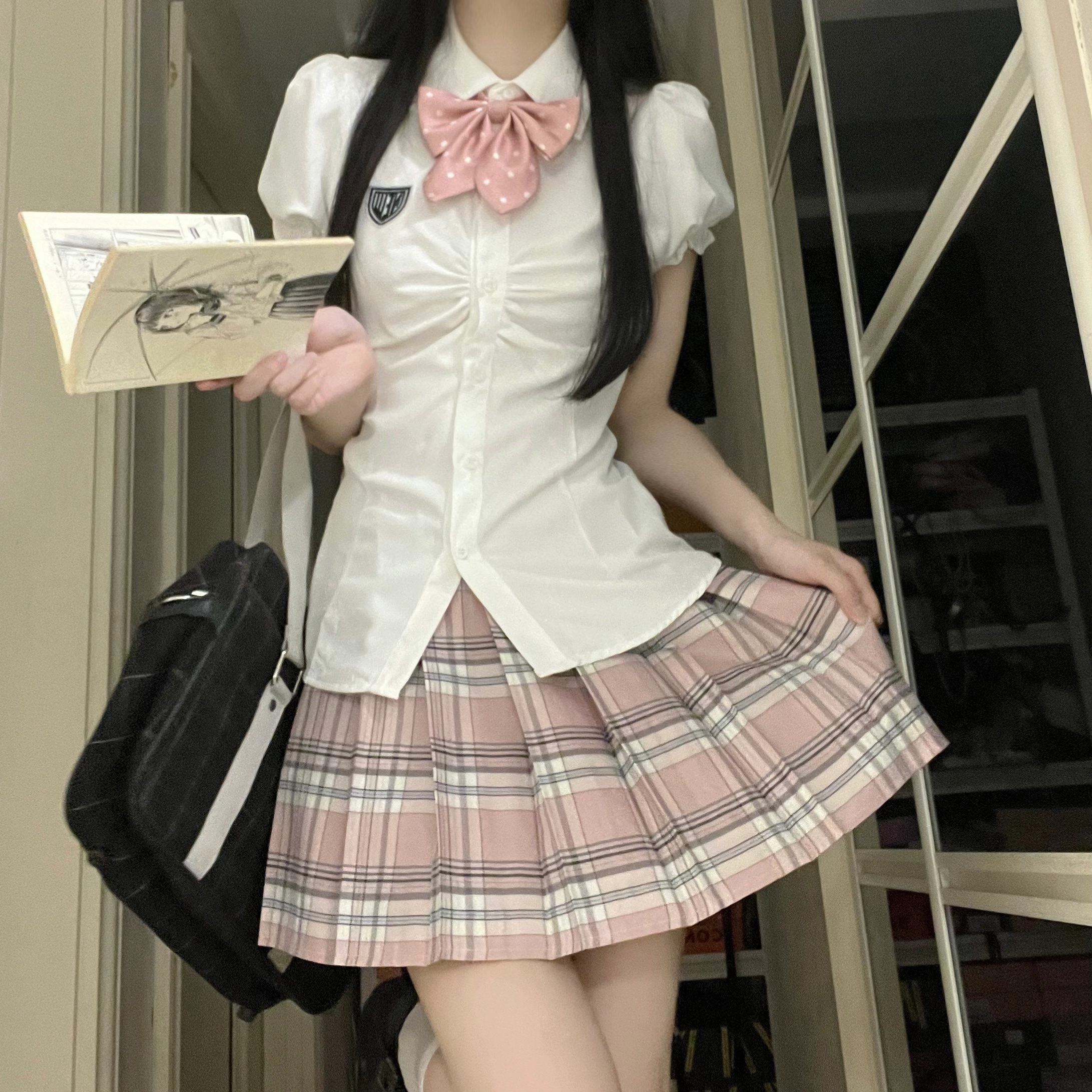 花山家的猫 学院风毕业装尖领泡泡袖收腰短袖衬衫百褶裙带领结制服 女款
