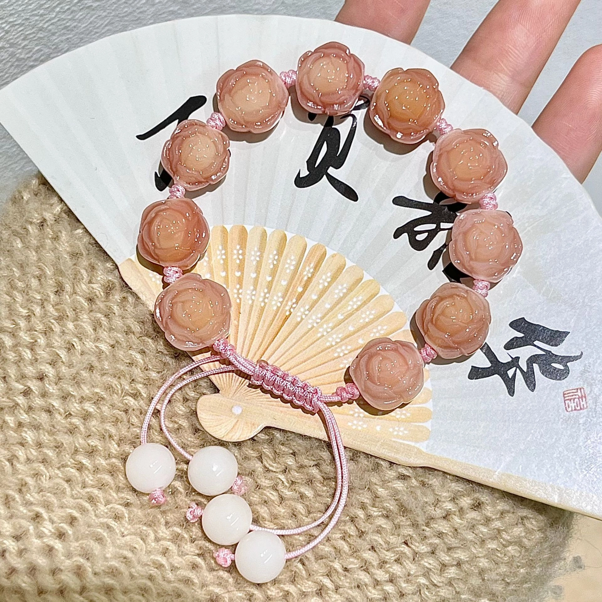 陌阡雪 雕刻山茶花新中式精致优雅 白玉菩提 菩提类手串 男女同款情侣款