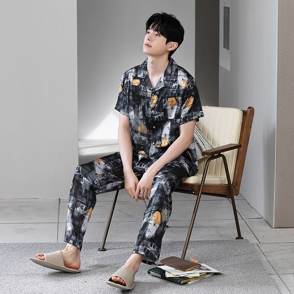 宫蝶 东南亚风情系列 冰丝短袖长裤度假风可外穿家居服条纹开衫薄款休闲大码睡衣套装 男款 黑色