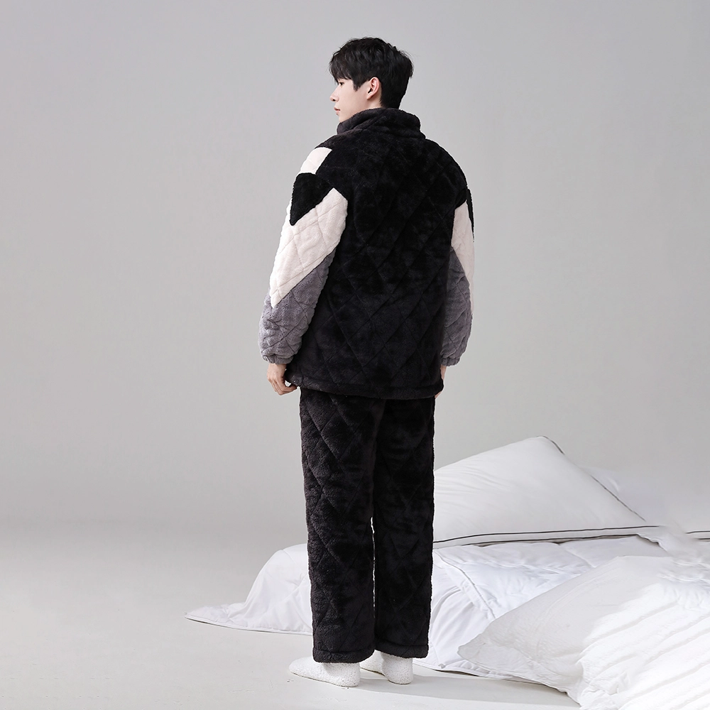 宫蝶 冬季加厚保暖三层夹棉珊瑚绒睡衣家居服简约可外穿 男款 家居套装  黑色