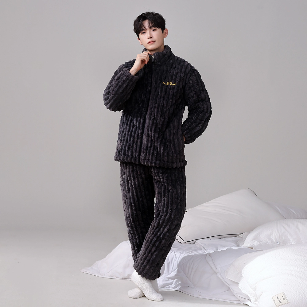 宫蝶 冬季三层加厚珊瑚绒夹棉保暖睡衣家居服蓄温可外穿 家居套装  男款  黑色