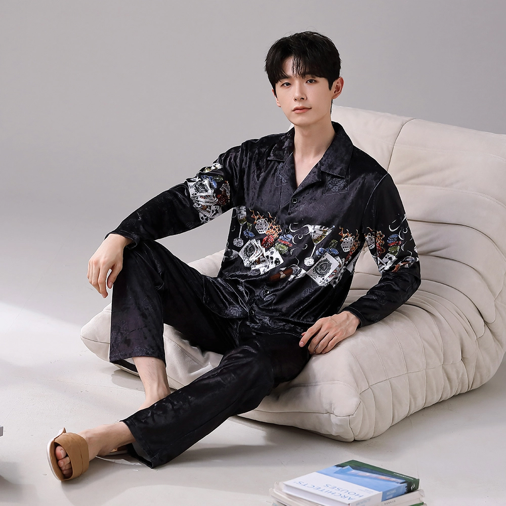 宫蝶 保暖金丝绒睡衣家居服冬季可外穿大码 家居套装  男款  黑咖色
