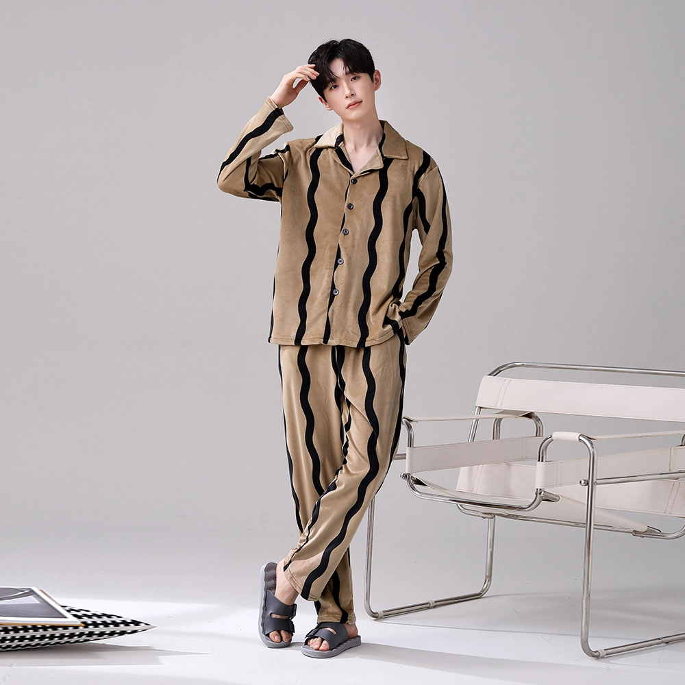 宫蝶 秋冬保暖海岛绒睡衣家居服厚款可外穿条纹开衫大码 家居套装  男款  卡其色