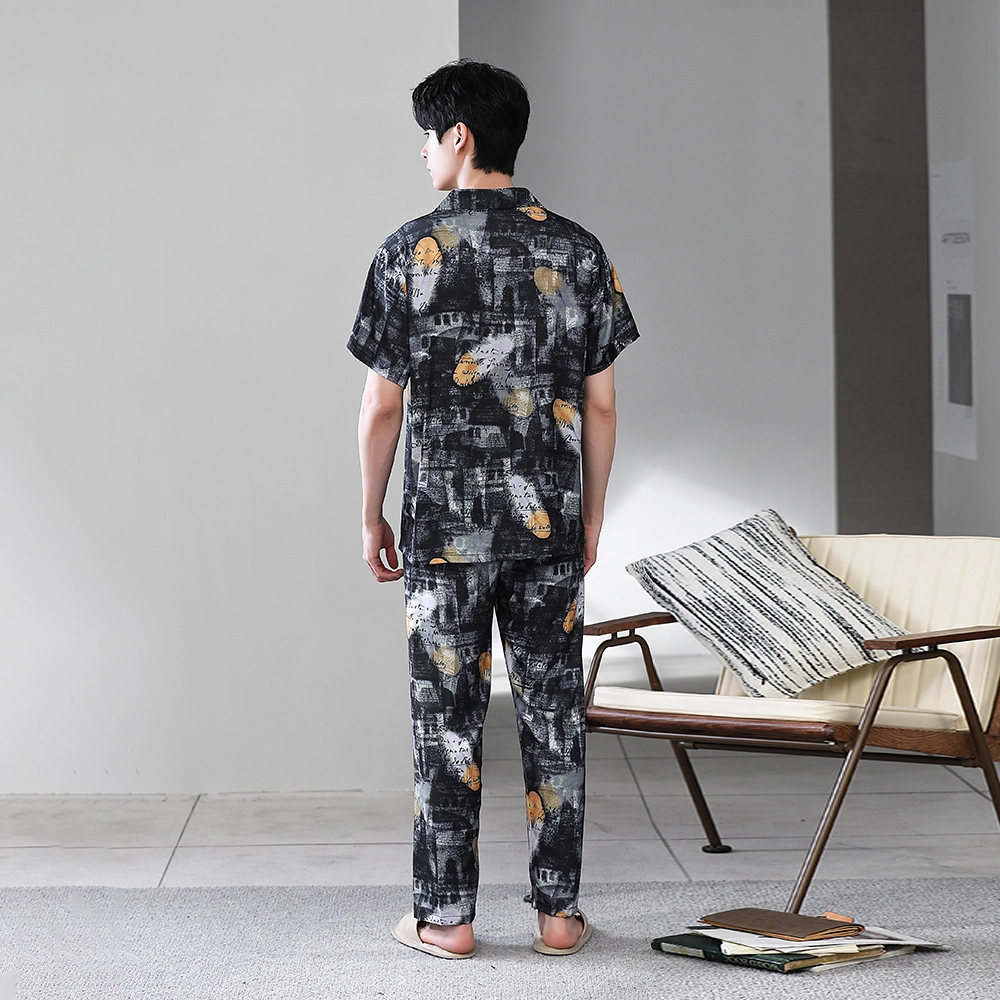 宫蝶 东南亚风情系列 冰丝短袖长裤度假风可外穿家居服条纹开衫薄款休闲大码睡衣套装 男款 黑色