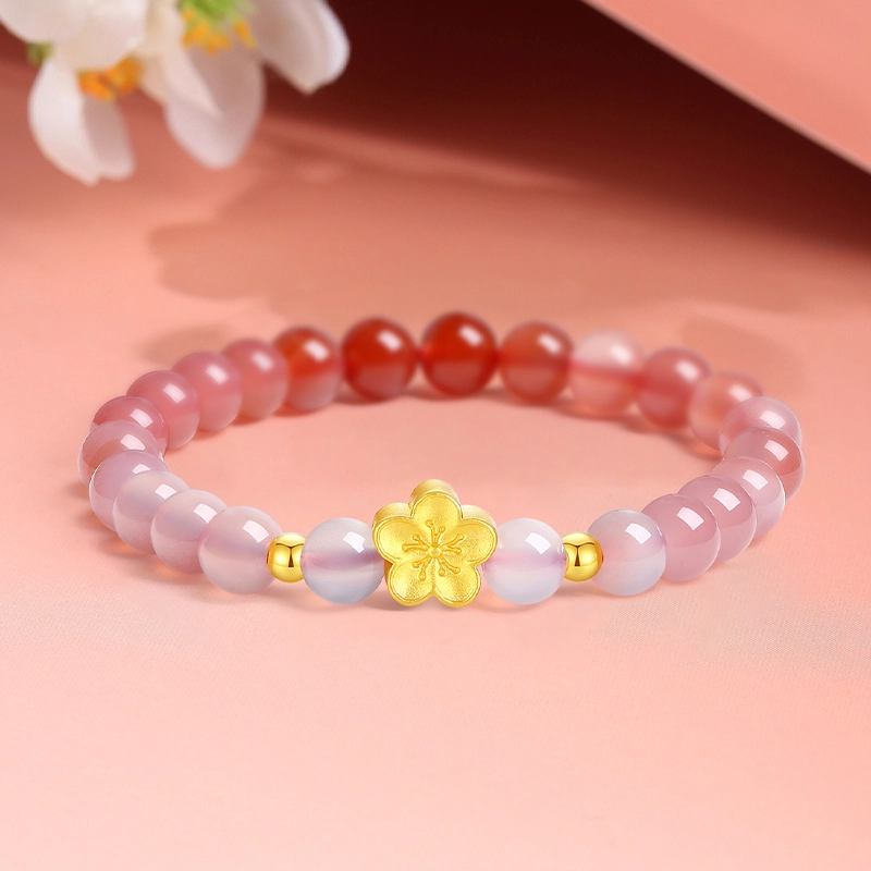 完美爱 桃花福气满满手饰 旺桃花玛瑙串珠 足金 一口价 黄金手串 女款