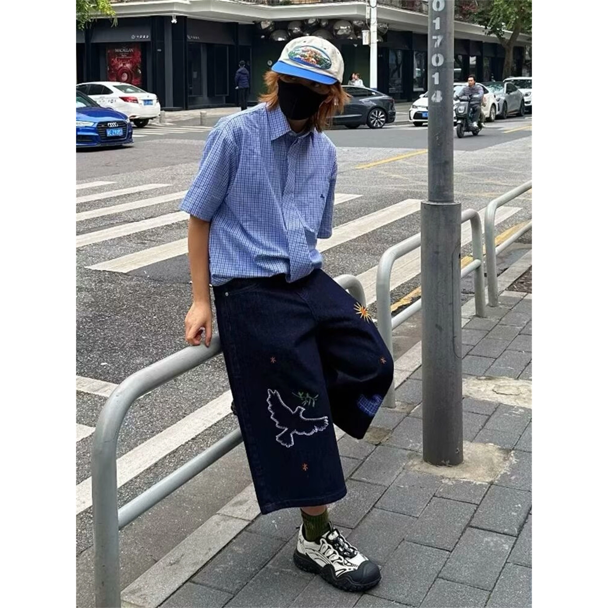 寻星记 美式复古和平鸽刺绣拼接阔腿七分裤潮流百搭春夏款牛仔短裤 男女同款