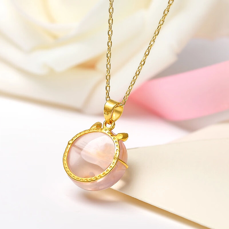 雅生珠宝 芙蓉石招财猫吊坠 粉嫩萌喵#好运 足金 一口价 黄金项链 女款