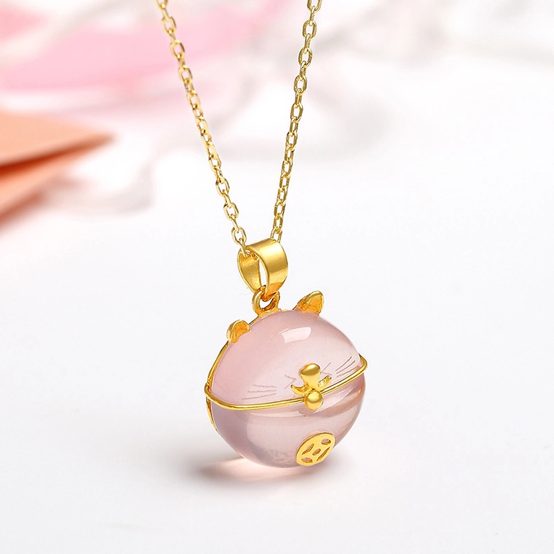 雅生珠宝 芙蓉石招财猫吊坠 粉嫩萌喵#好运 足金 一口价 黄金项链 女款