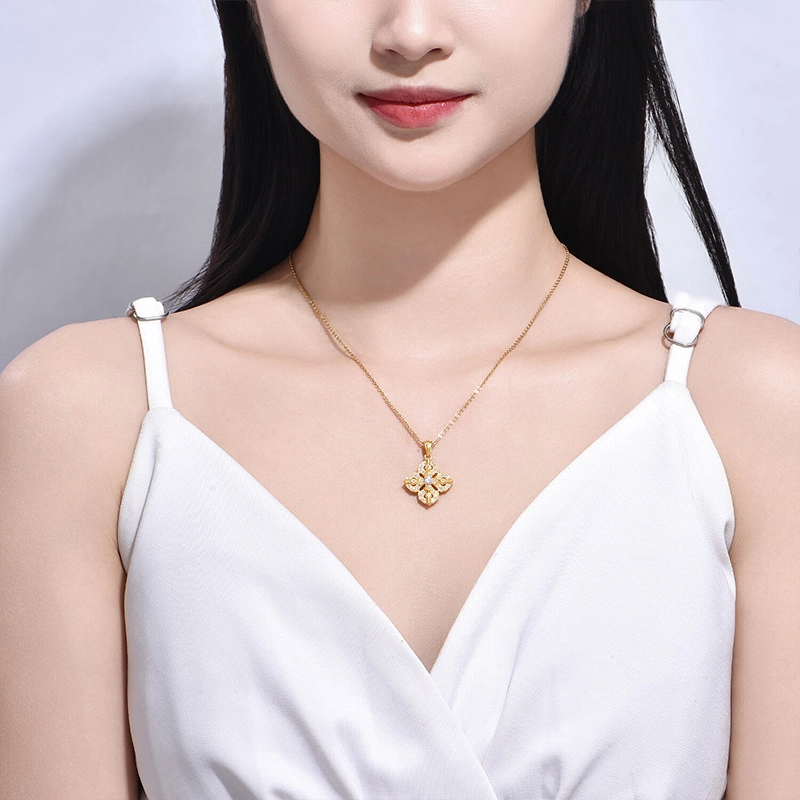 雅生珠宝 四叶草吊坠古法点钻锁骨链 金刚杵吊坠挂坠#好运 足金 一口价 黄金项链 女款