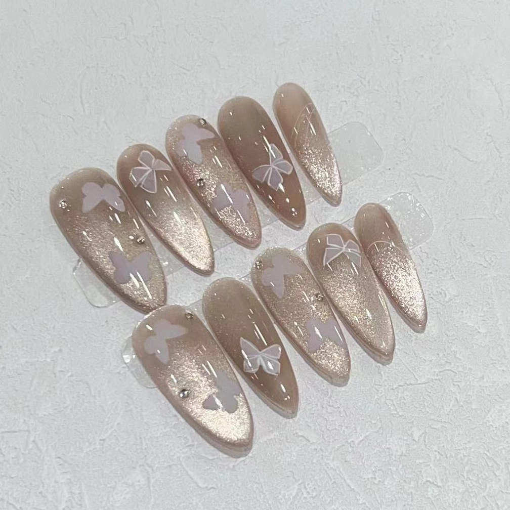 几多萌 纯欲风手作穿戴甲贴片高级灯泡猫眼蝴蝶水滴长甲  杏仁裸色晕染 纯欲