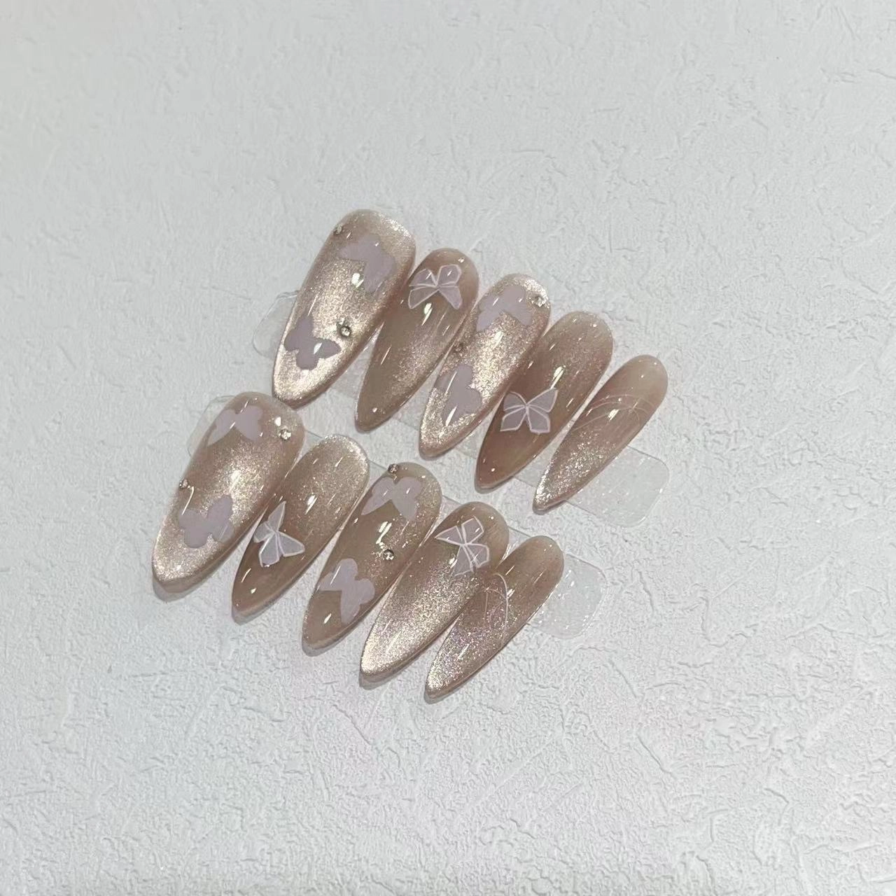 几多萌 纯欲风手作穿戴甲贴片高级灯泡猫眼蝴蝶水滴长甲  杏仁裸色晕染 纯欲