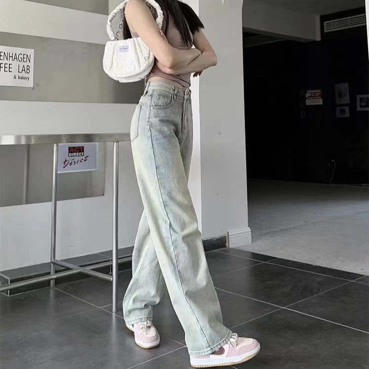 拉夏贝尔 美式复古简约舒适宽松高腰阔腿牛仔裤 女款 浅蓝色