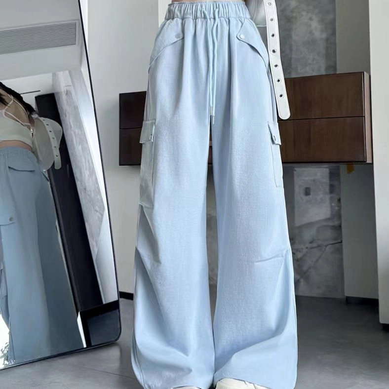 拉夏贝尔 美式高腰纯色系带舒适通勤工装裤 女款 黑色