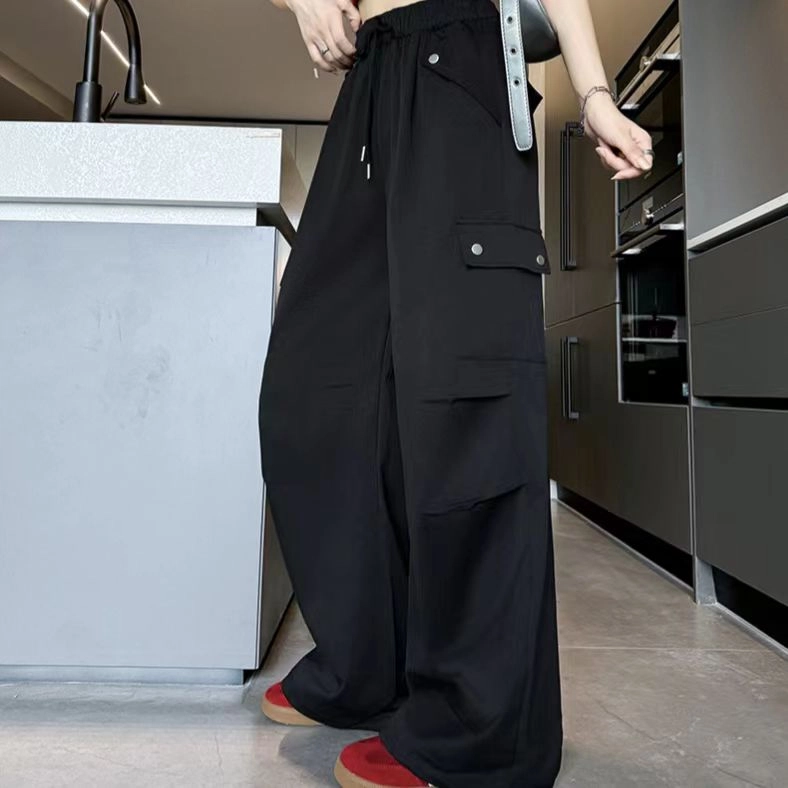 拉夏贝尔 美式高腰纯色系带舒适通勤工装裤 女款 黑色