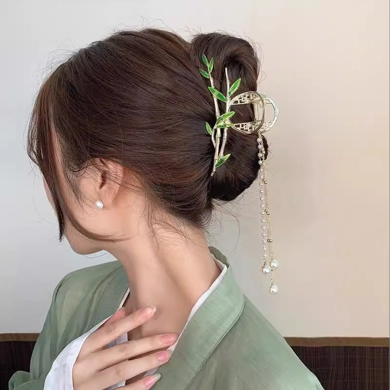 贯古今 竹节流苏鲨鱼夹古风抓夹仿珍珠高级感 合金 发夹 女款