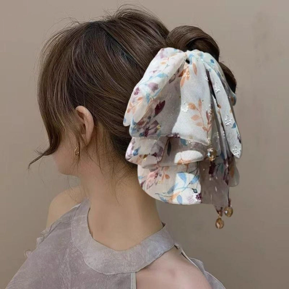 贯古今 碎花蝴蝶结飘带抓夹高级感马尾后脑勺鲨鱼夹子#好运 布艺 发夹 女款