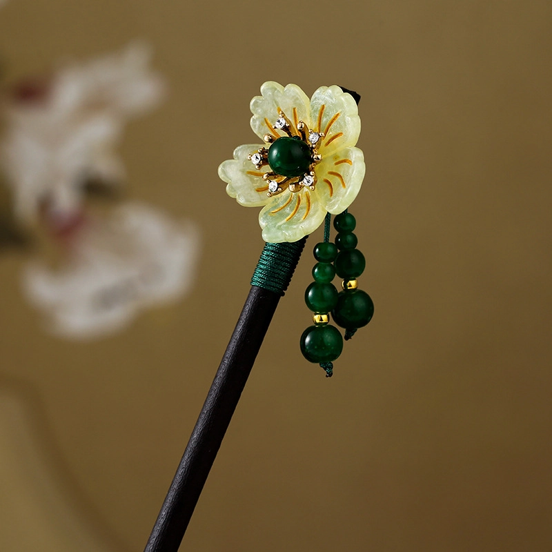 贯古今 复古典雅花朵古风步摇流苏簪子后脑勺盘发发钗简约气质汉服 木制 发簪 女款