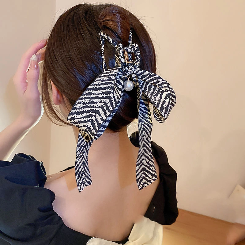 贯古今 高级感条纹蝴蝶结飘带后脑勺盘发鲨鱼夹 合金 发夹 女款