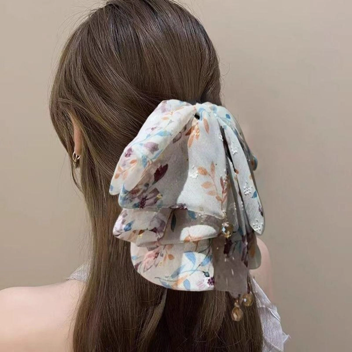 贯古今 碎花蝴蝶结飘带抓夹高级感马尾后脑勺鲨鱼夹子#好运 布艺 发夹 女款