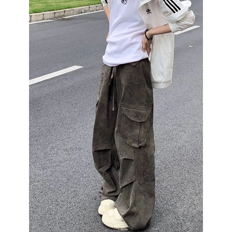 煦加 美式复古废土风迷彩工装裤百搭大口袋嘻哈阔腿裤痞帅高级感裤子微喇叭宽松休闲直筒牛仔裤 男女同款