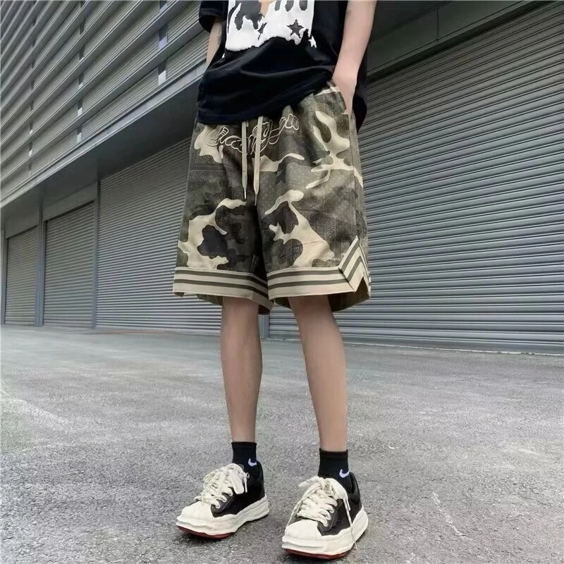 煦加 美式复古舒适百搭刺绣腰果花时尚高街嘻哈风迷彩五分裤工装潮牌潮流夏季直筒休闲短裤 男女同款