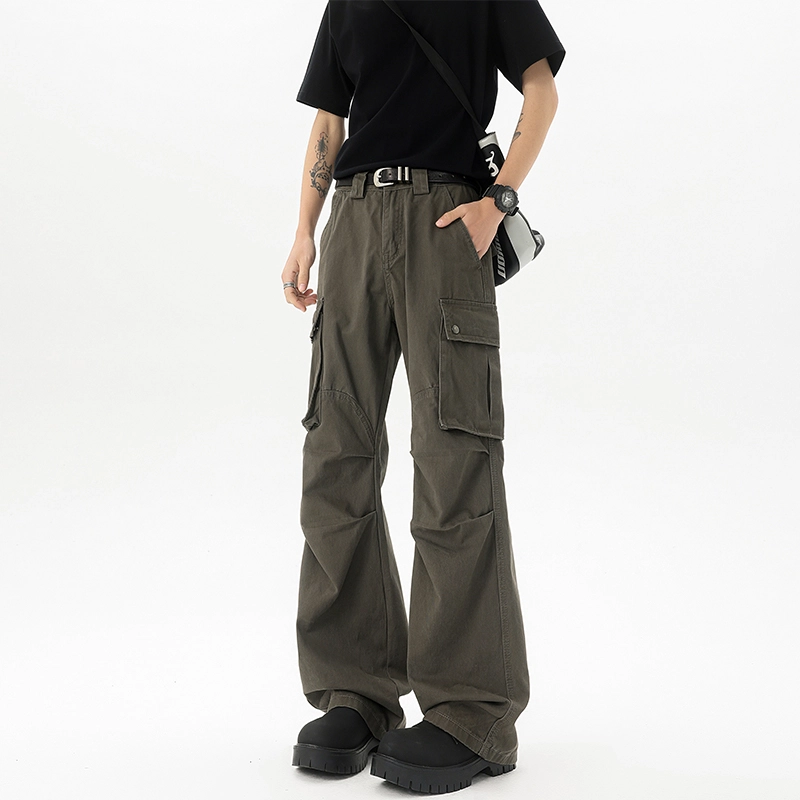 煦加 褶皱口袋纯色工装阔腿微喇长裤牛仔裤 男女同款