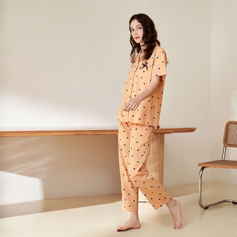 安之伴 夏季短袖长裤开衫套装波点蝴蝶结家居服 女款 家居套装