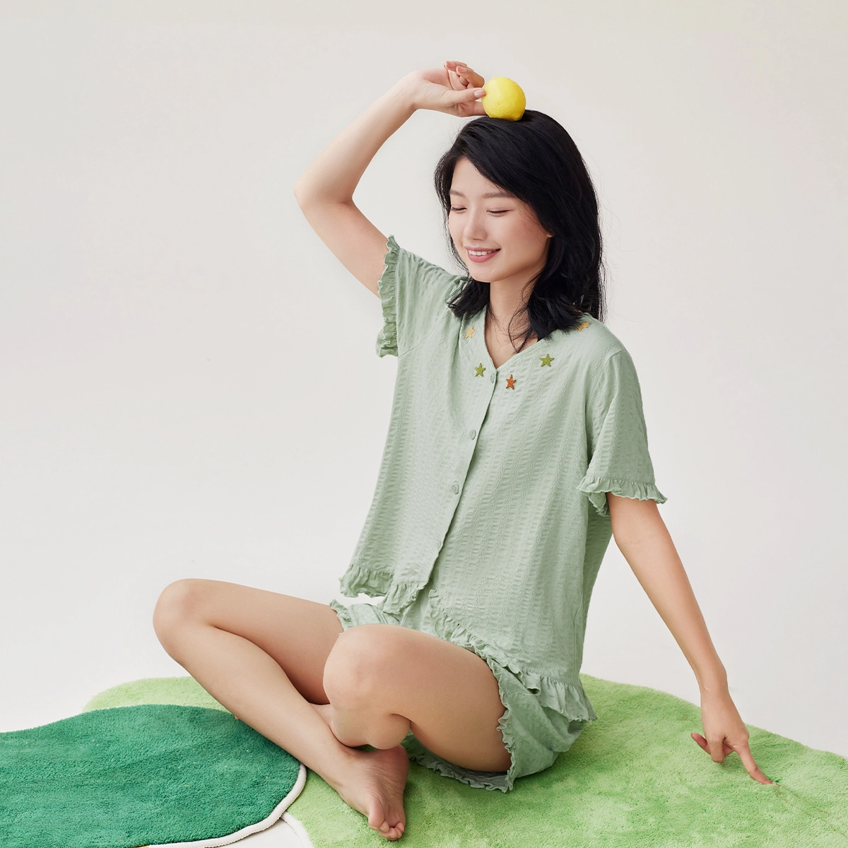 安之伴 夏季睡衣泡泡棉慵懒风柔软甜美短袖家居套装