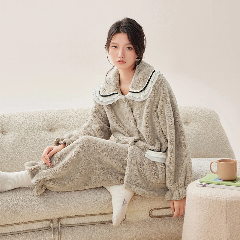 安之伴 锁温保暖加绒加厚睡衣秋冬娃娃领甜美高级感家居套装 女款 沥青灰