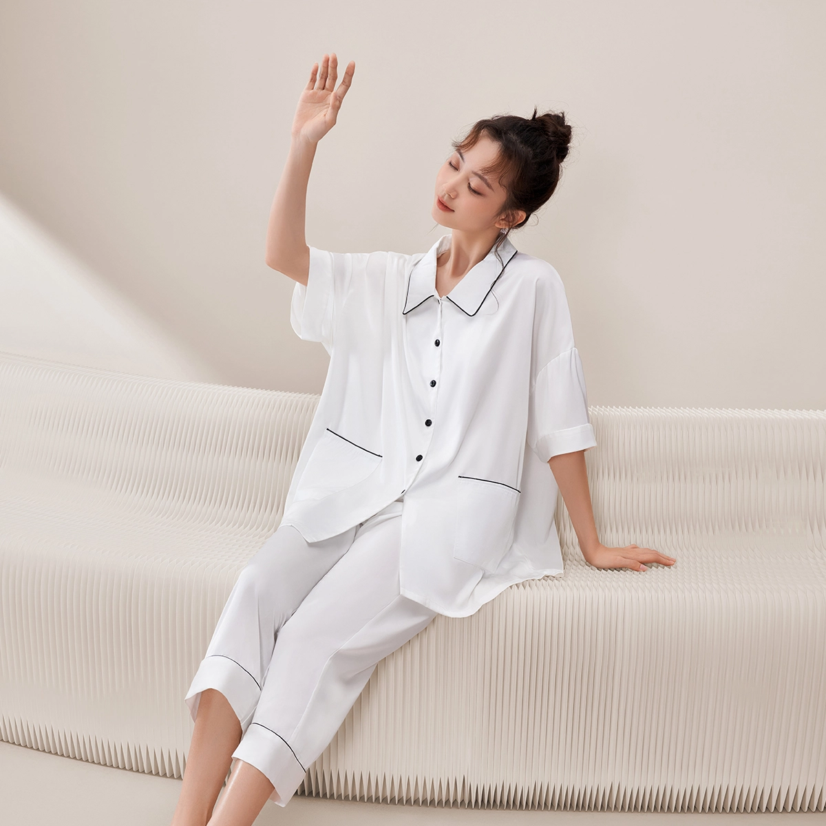 安之伴 春秋凉感冰丝高级感气质性感长袖家居套装 女款 本白