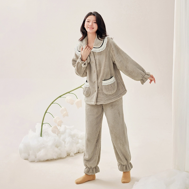 安之伴 锁温保暖加绒加厚睡衣秋冬娃娃领甜美高级感家居套装 女款 沥青灰