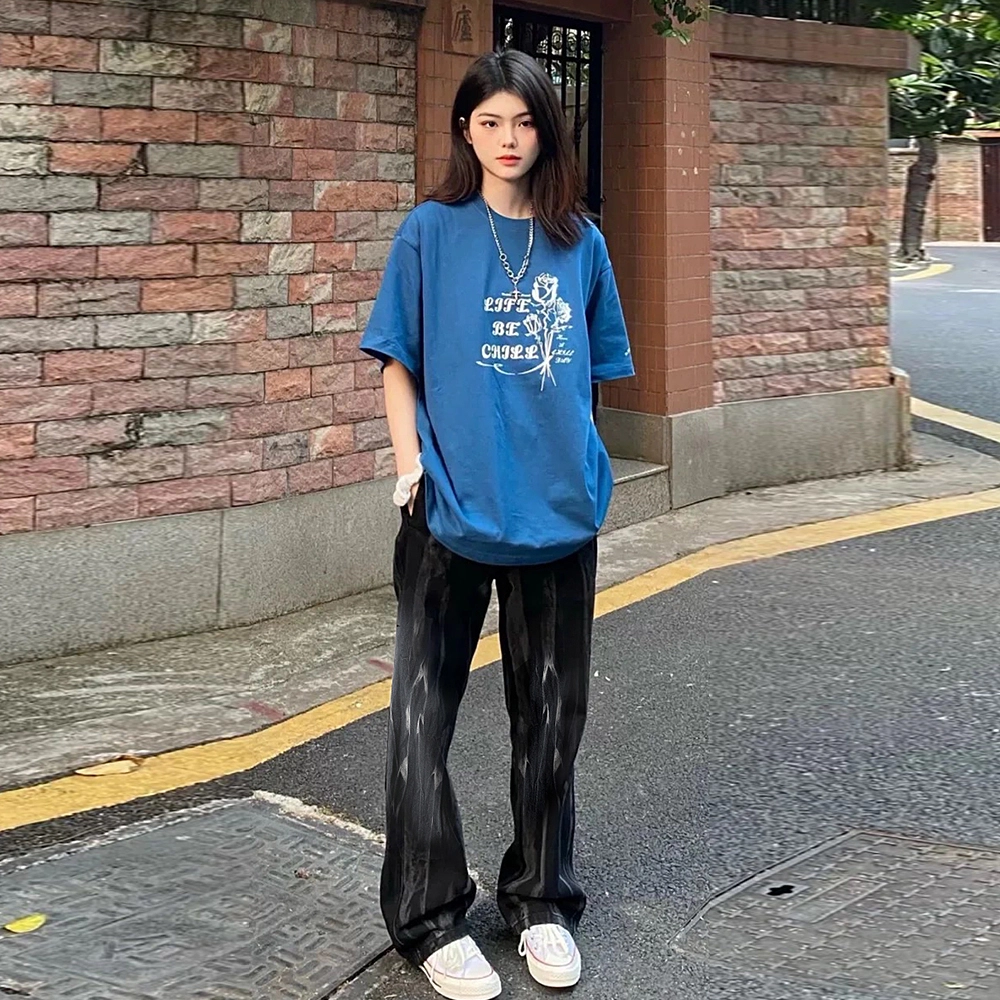 稻草人 高街复古水洗废土做旧扎染渐变花纹休闲显瘦垂感透气宽松系带百搭阔腿直筒牛仔裤 男女同款