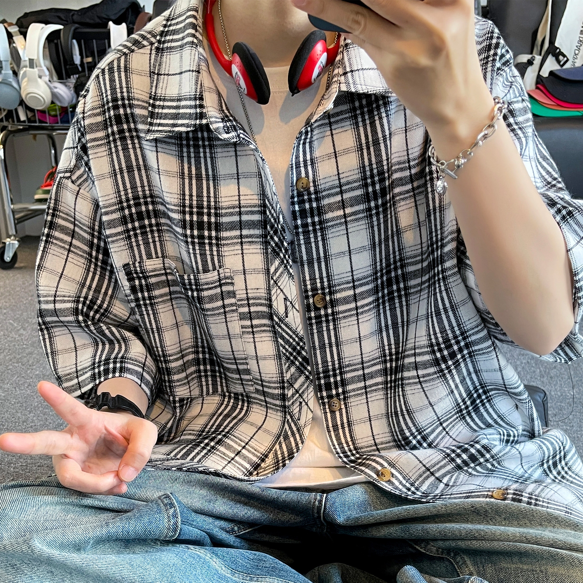 稻草人 经典格子翻领宽松休闲透气百搭长袖衬衫 男女同款
