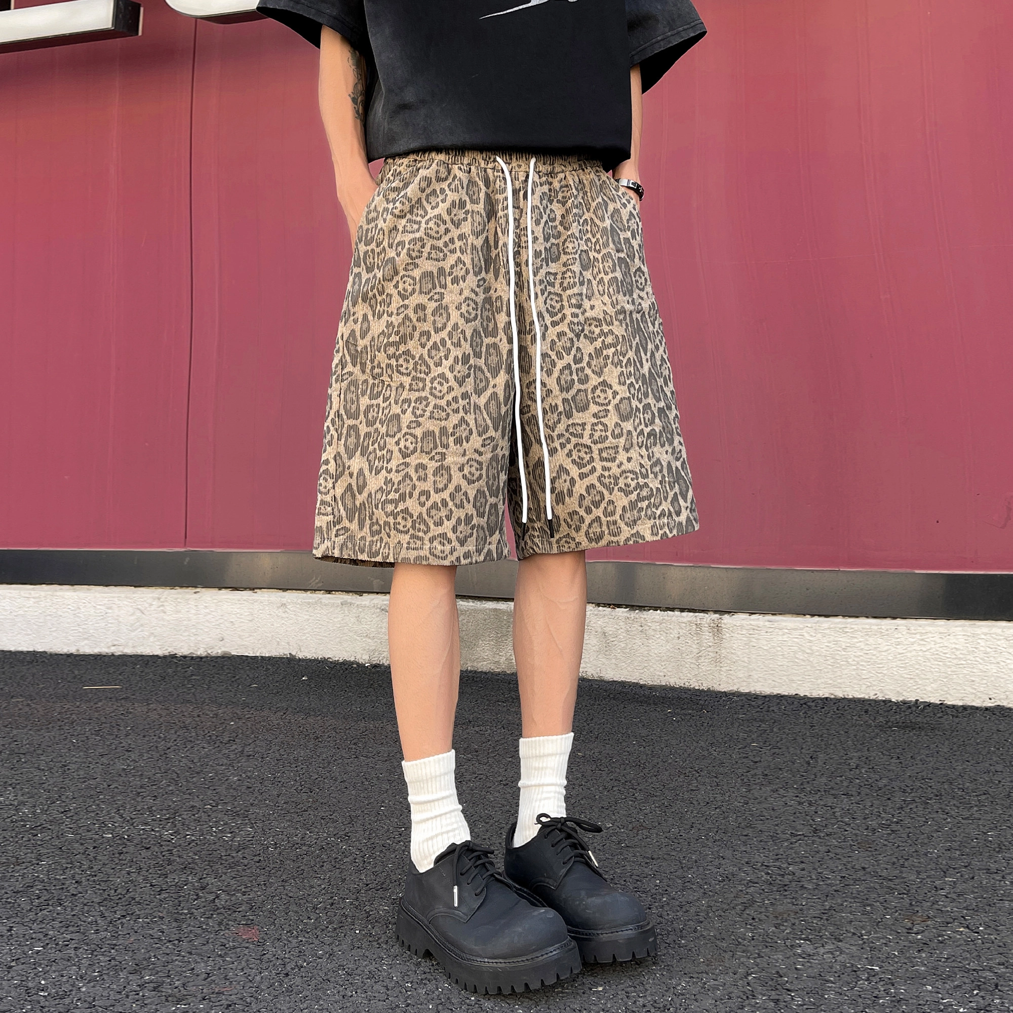稻草人 美式潮流豹纹无性别主义户外居家通勤透气时尚跑步健身训练系带宽松直筒篮球五分裤运动休闲短裤 男女同款