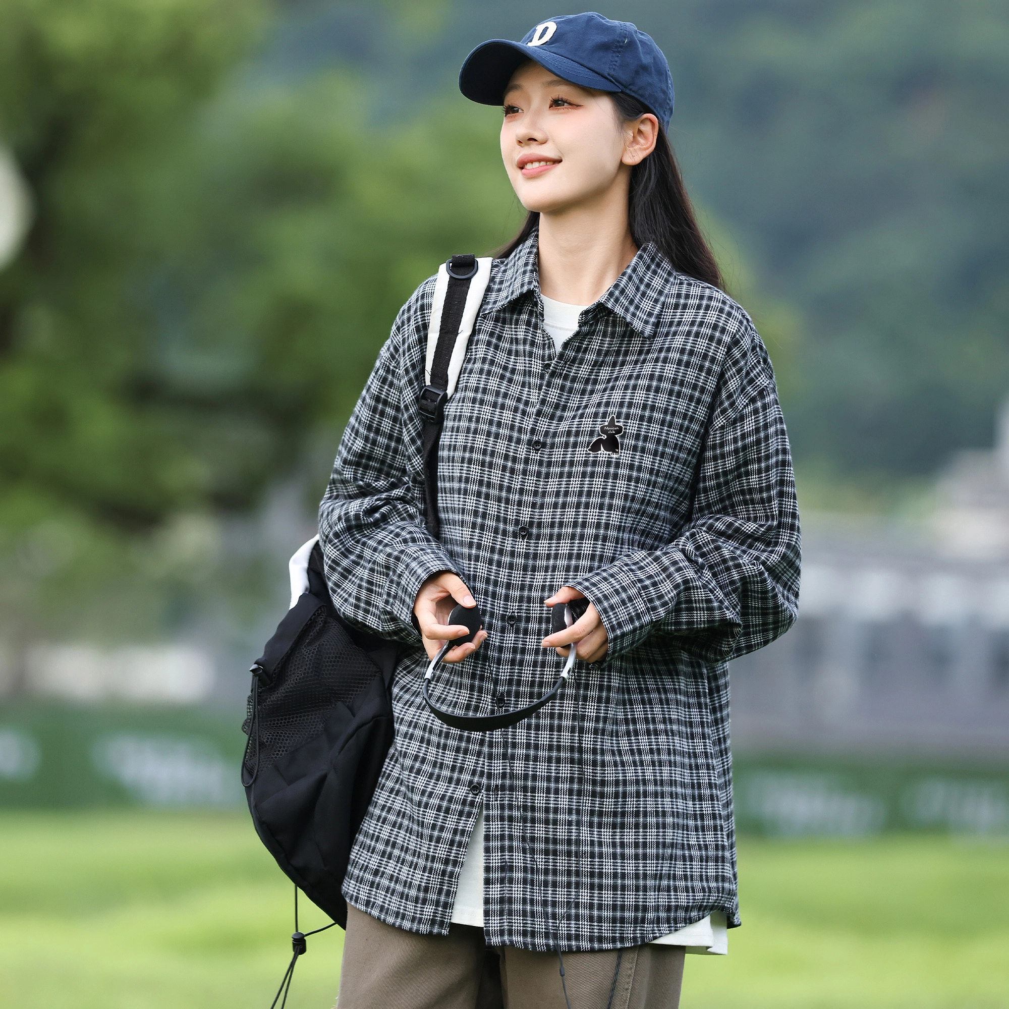 稻草人 日系简约复古格子小香风翻领落肩袖休闲宽松百搭多彩格纹长袖衬衫 男女同款
