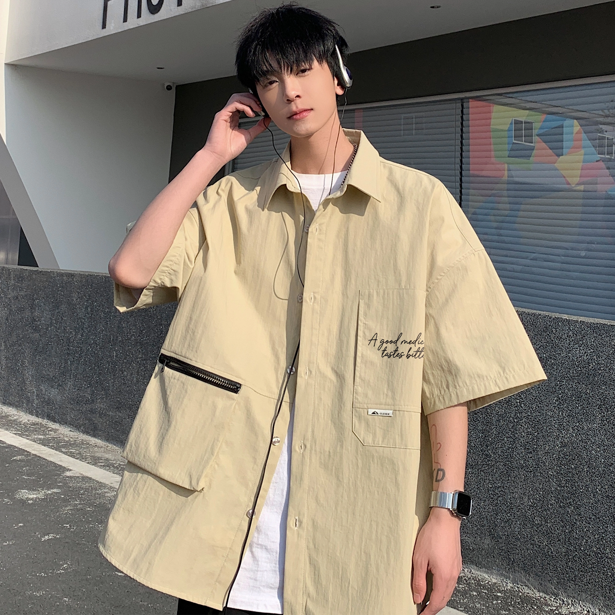 稻草人 美式高街手写体标语宽松休闲落肩短袖衬衫 男女同款