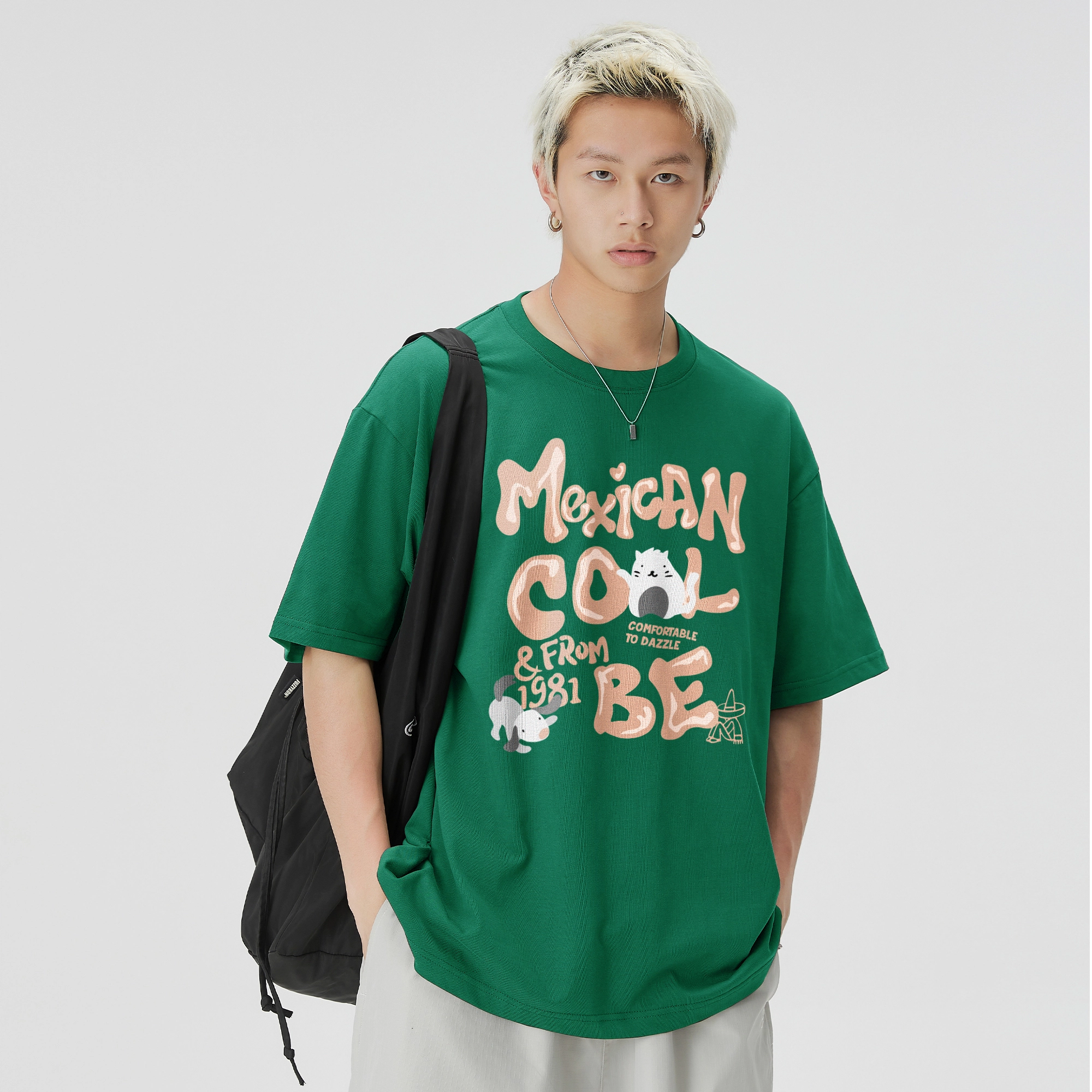 稻草人 美式时尚字母卡通动物印花落肩圆领短袖上衣透气宽松百搭五分短裤休闲运动套装 男女同款