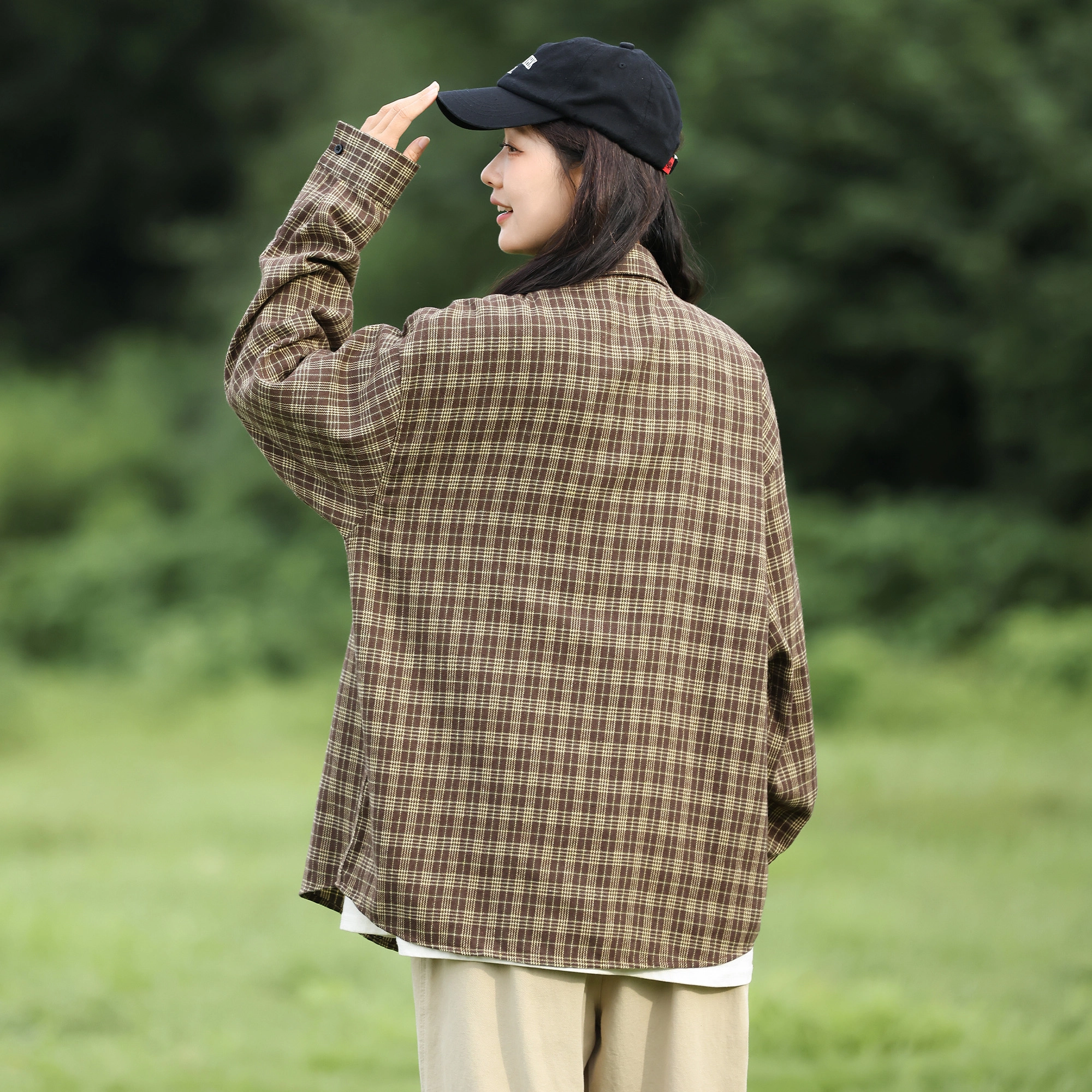 稻草人 日系简约复古格子小香风翻领落肩袖休闲宽松百搭多彩格纹长袖衬衫 男女同款