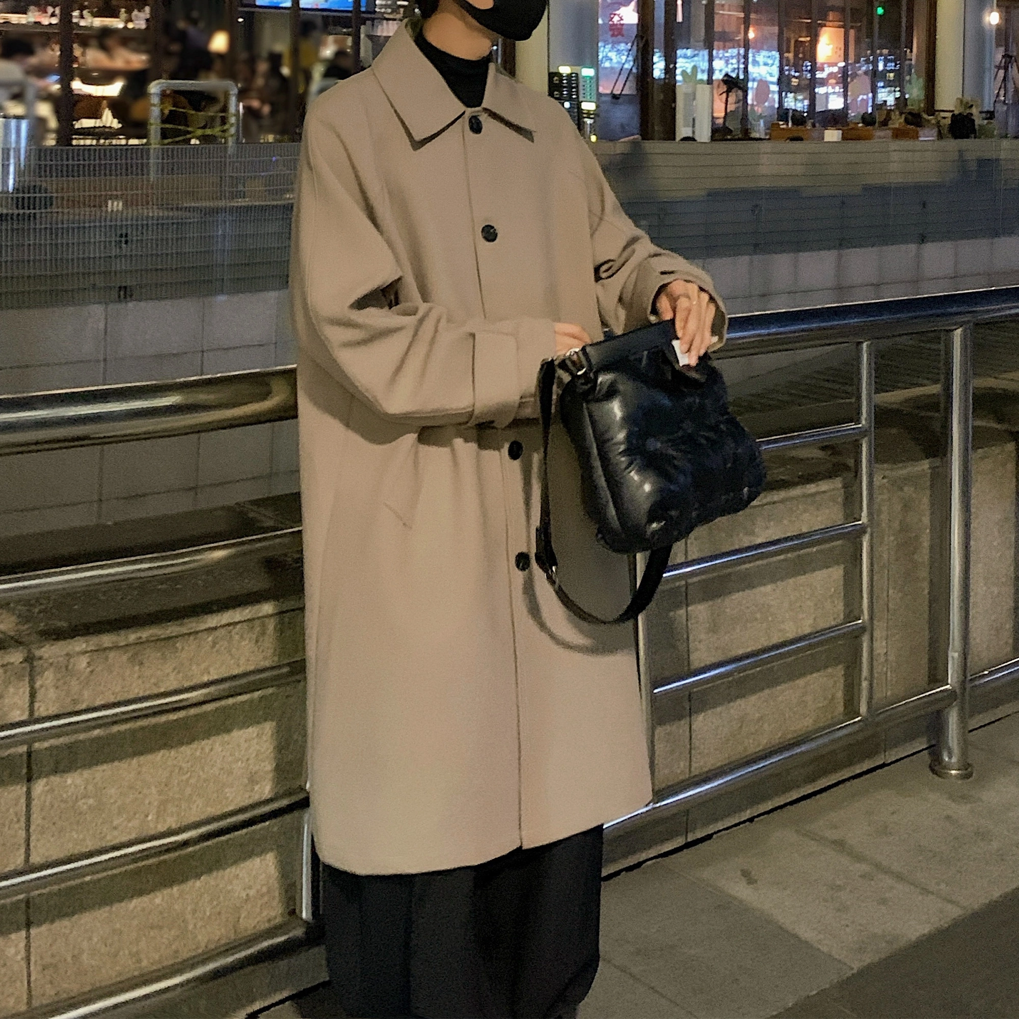 稻草人 法式慵懒风复古简约文艺青年基础款美拉德翻领宽松单排扣毛呢大衣纯色夹克外套中长款过膝风衣 男女同款
