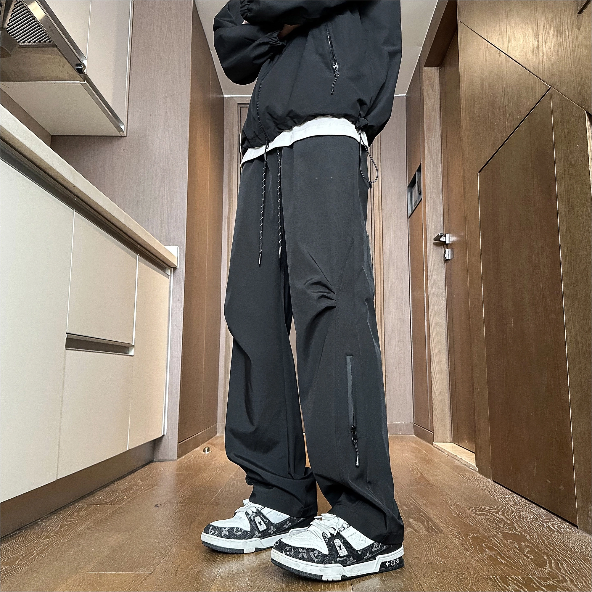 稻草人 美式运动户外防风防水速干字母中腰宽松系带直筒休闲工装裤 男女同款 绿色