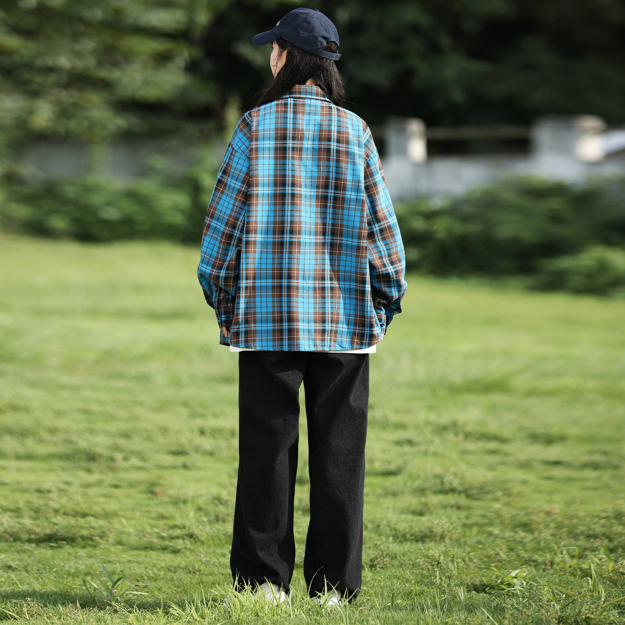 稻草人 学院风高街青少年感格子落肩袖宽松休闲舒适轻薄透气简约条纹长袖多彩格纹衬衫 男女同款