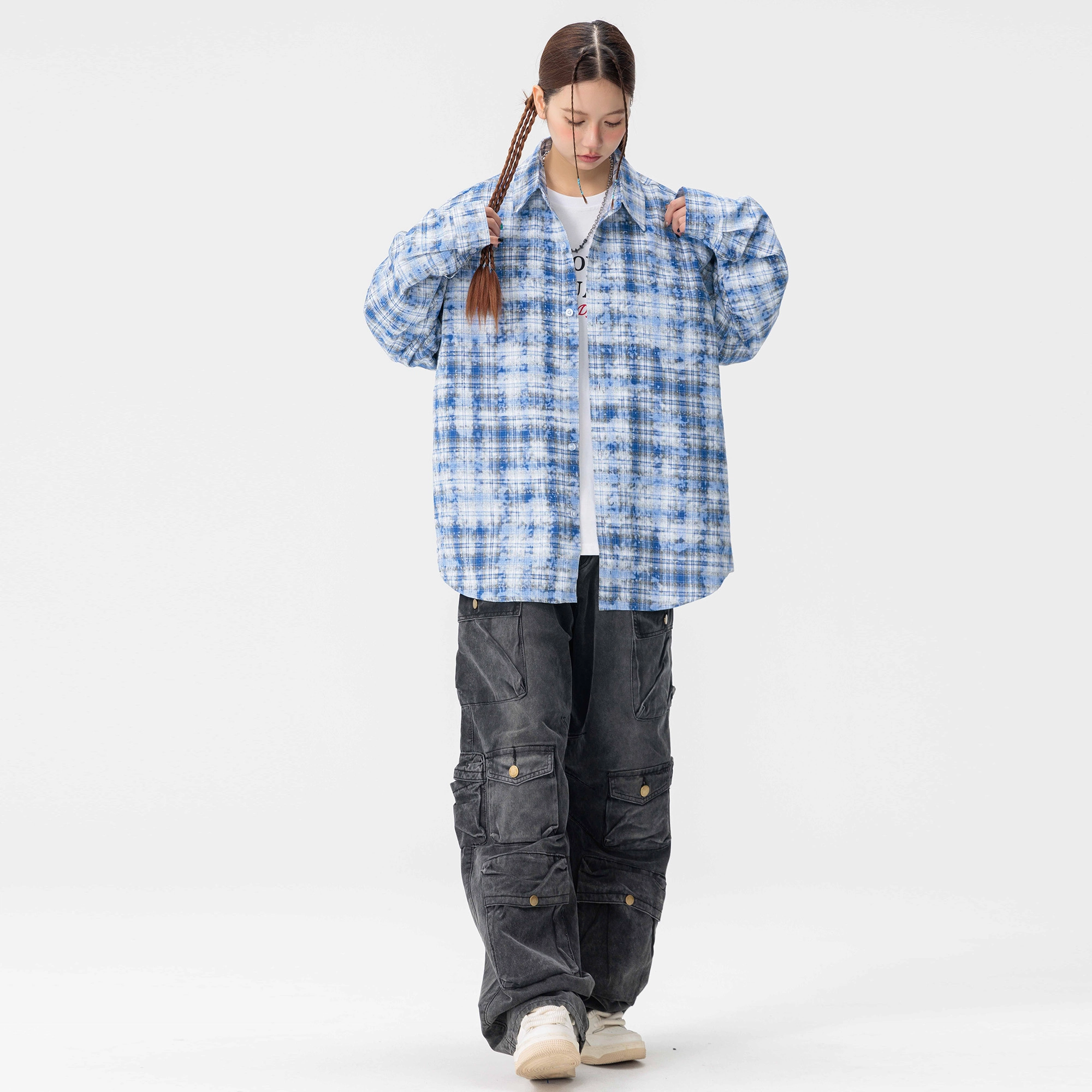 稻草人 美式嘻哈街头水洗宽松翻领休闲轻薄长袖衬衫 男女同款
